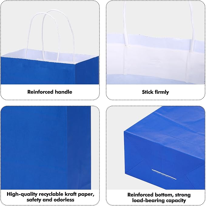 OUTUXED 120pcs Gift Bags, Blue Paper Bag with Handles 7.1x3.6x9.3in Medium Size Kraft Bags for Party, Businesses