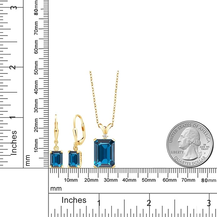 Gem Stone King 9-13 Cttw Pendant and Earrings Jewelry Set For Women | Emerald Cut 14X10MM and 8X6MM | Round 1.5MM | Gemstone Birthstone and Diamond | 925 Sterling Silver | 18 Inch Silver Chain