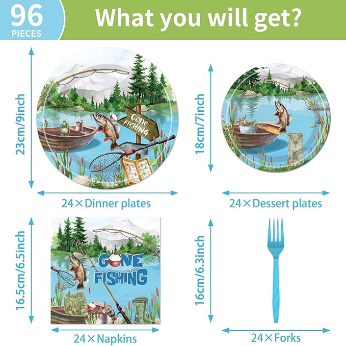 96PCS Gone Fishing Plates and Napkins Party Supplies - Fishing Birthday Party Decorations Fishing Themed Disposable Paper Tableware Set Serves 24 Guests