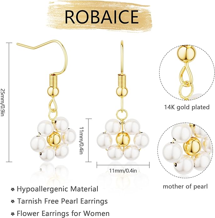 Gold Pearl Dangle Earrings for Women, 14K Gold Plated Small Pearl Drop Huggie Hoop Earrings, Hypoallergenic Dainty Gold Earrings Wedding Jewelry Gifts for Women Trendy