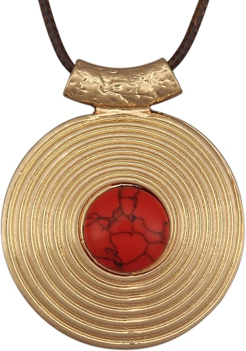 Boho Leather Necklace Women Bohemian Brown Circle Pendant Necklace Choker Long Necklaces for Women Boho Ring Large Pendant