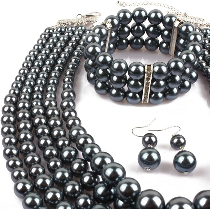 Exaggerated Imitation pearl multi-layer Necklace+bracelet+earring Large pearl necklace Wedding jewelry set for Women's and girls gifts（Multicolor optional）