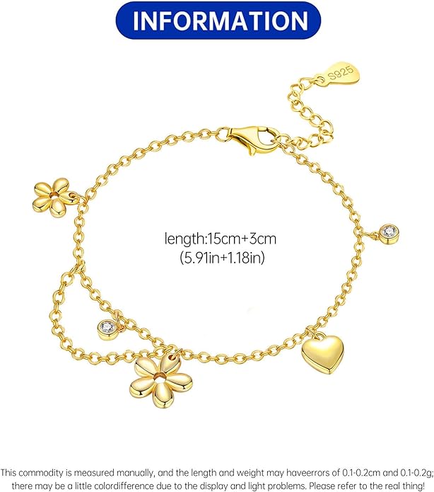 Women's 925 Sterling Silver Bracelet, Non Tarnish 18K Gold Plated Bracelets for Women, Dainty Chain Simple Jewelry Cute Handmade Minimalist for Gift
