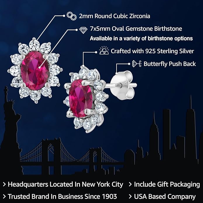 Gem Stone King 7X5MM Oval Gemstone Birthstone Stud Earrings For Women | Princess Diana Royal Halo Style | 925 Sterling Silver | Fine Jewelry Gifts for Anniversary Wedding Her Mom Women Wife