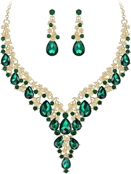 BriLove Women's Wedding Bridal Austrian Crystal Teardrop Flower Cluster Statement Necklace Dangle Earrings Jewelry Set for Party Prom