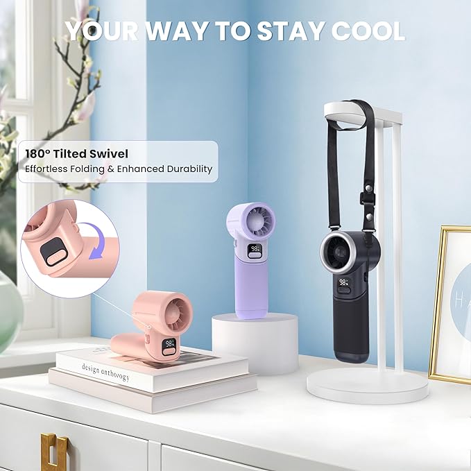 Portable Handheld Fan - 5000mAh Rechargeable Battery, 19Hrs Cooling Max, 5 Speed, 11000RPM High Power Motor, 3-IN-1 Personal Mini Fan with Neck Strap for Women Men Travel/Camping/Outdoor - Pink