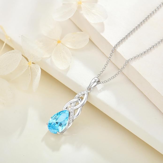 JO WISDOM Celtic Knot Infinity Jewelry Set for Women 925 Sterling Silver Aquamarine Dangle Drop Leverback Earrings March Birthstone Necklace Pendant Gemstone Jewelry