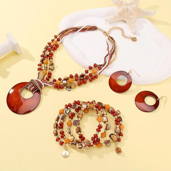 Jewelry Sets for Women 4 Pcs Chunky Beaded Mrs Roper Costume Jewelry for Women Boho Multi Strand Colorful Shell Necklace for Women