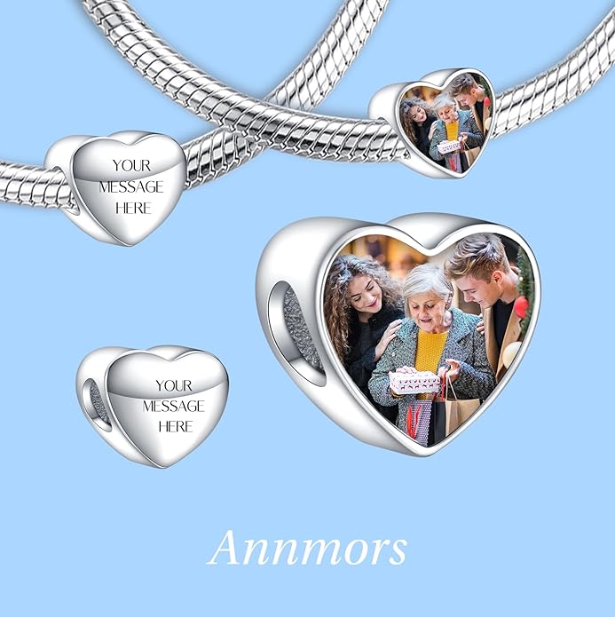 Annmors Personalized Photo Charm for Bracelet Necklaces,925 Sterling Silver Charm Love Heart Shaped Engraved Customize Picture Gift for Birthday Mother's Day Christmas,Bead Charms Jewelry for Women