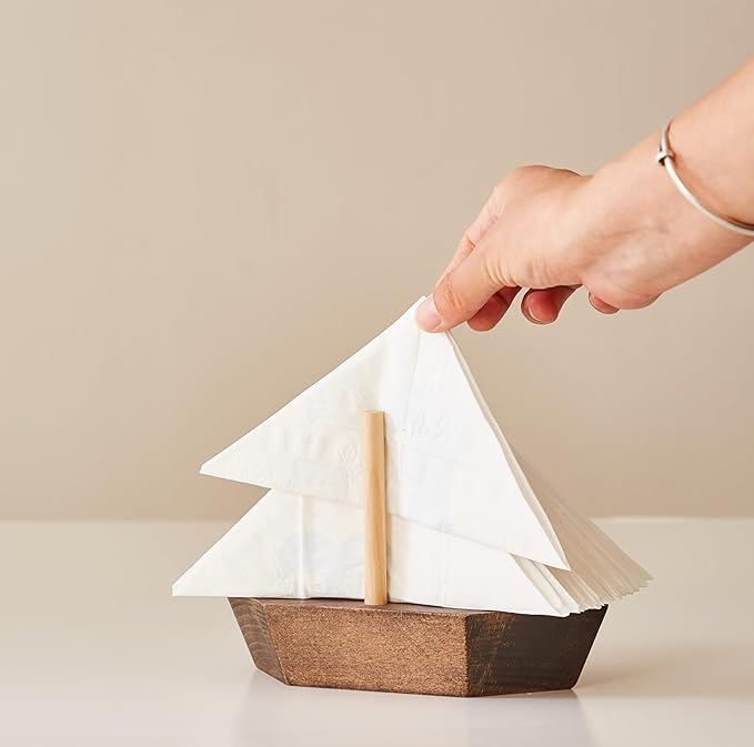 HMC Wooden Sailboat Napkin Holder – The Smooth Sailor Nautical Tabletop Dispenser for Coastal Home & Kitchen Décor, Durable Wooden Construction