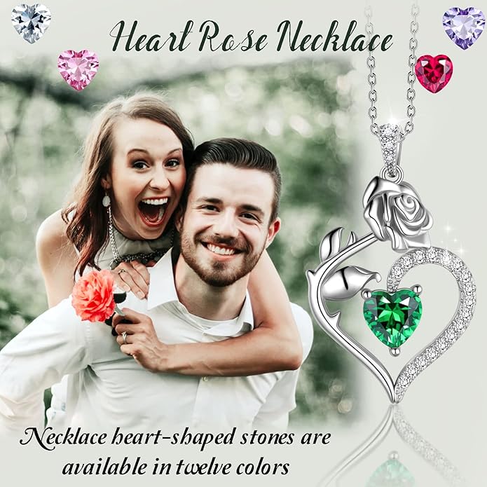 Jewmon Valentine Day Gifts for Her Rose Heart Birthstone Necklace for Women 925 Sterling Silver Birth Stone Flower Rose Necklace Anniversary Love GIfts for Girlfriend Wife Mom Birthday Gifts for Her
