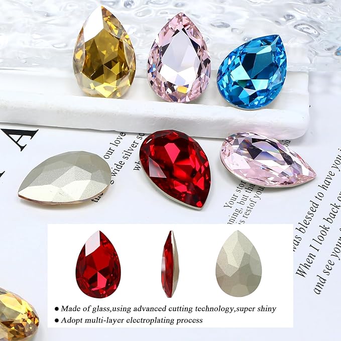 8Pcs Teardrop Crystal Pointback Rhinestones,30 * 20mm Large Glass Rhinestones Gem Stones for Crafts Dress Shoes Jewelry Making，Red