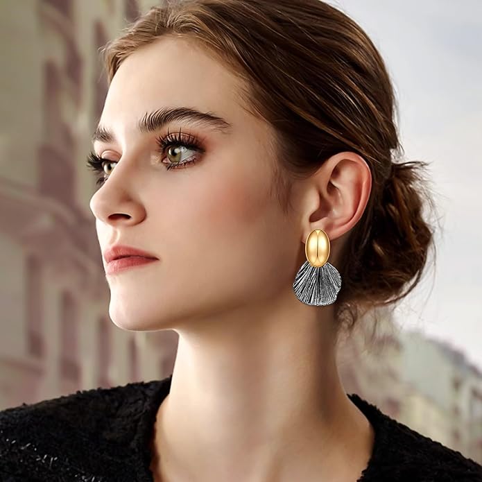 Gold Plated Earrings Dangle Chunky Fan-shaped Earrings Shell Earring for Women Two-Tone Fashion Statement Jewelry