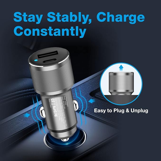 MOCA 38W Fast Car Charger, Dual Port USB C Power Delivery All Metal Lighter PD/ QC3.0 Car Charger with 2 Pack PD Lightning Cord Quick Charging for iPhone 16 15, Samsung Galaxy S25 S24, Pixel, Android