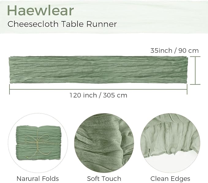 10PCS Sage Green Cheesecloth Table Runner 10ft Boho Gauze Fabric Cheese Cloth Table Runner Comes with 10 Cloth Napkins Runner for Romantic Wedding Birthday Shower Party Table Decoration