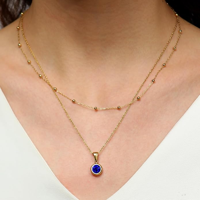 14K Gold-Plated Women's Double-Layer Birthstone Necklace Delicate Round Birthstone Pendant with a Simple Necklace, a Birthday Gift for Women Teenage Girls