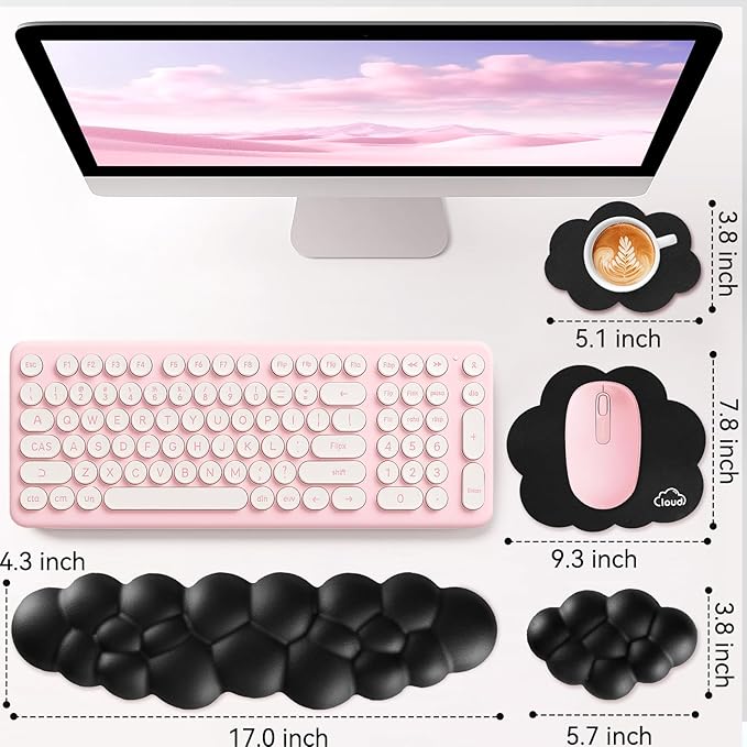 Cloud Wrist Rest for Computer Keyboard, 4-in-1 Memory Foam Leather Cloud Keyboard Wrist Rest and Mouse Pad Set with Ergonomic Support for Arm and Palm Cushion, Gaming/Work Setup, Black