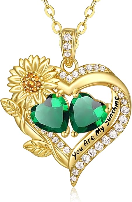 Sunflower Heart Necklace for Women 14K Gold Exquisite Valentines Day Anniversary Birthday Gifts for Wife Mother Her Double Birthstone Pendant Jewelry‘You Are My Sunshine’
