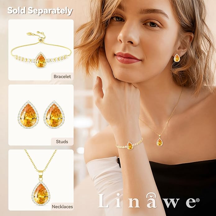 Linawe Crystal Imitation Diamond Rhinestone Charm Bracelets for Women, Gold/Silver/Rose Gold Adjustable Chain Bracelet, Teardrop Birthstone Cubic Zirconia Prom Costume Wedding Jewelry