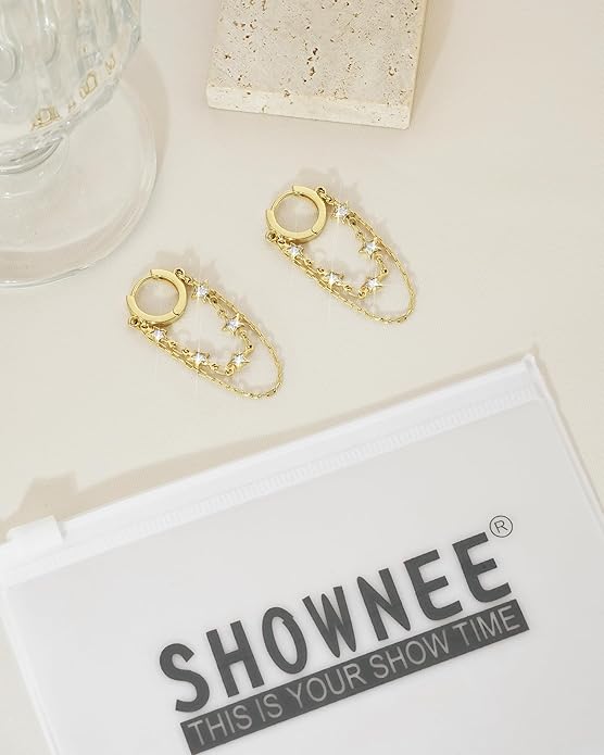 Tassel Chain Small Gold Hoop Dangle Earring For Women Huggie Earring Heart Star CZ 14K Gold Plated Fashion Jewelry Friendship Gift