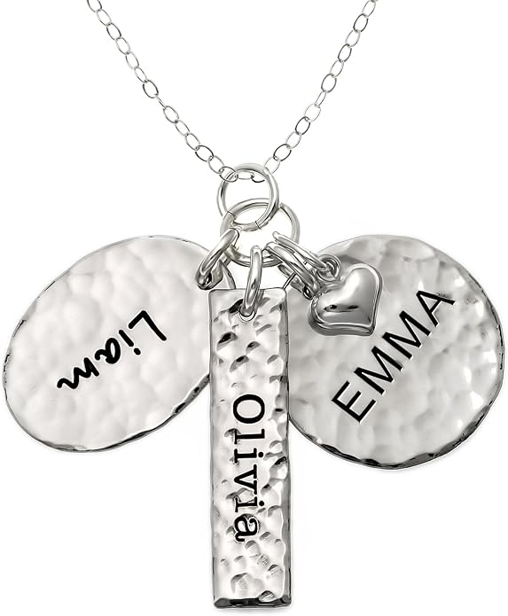 Chic and Modern Love Personalized Sterling Silver Name Necklace with 3 Customized Discs. Hand Finished and with a 925 Sterling Silver Heart. Choice of Chain. Gifts for Her, Mother, Grandmother, Wife