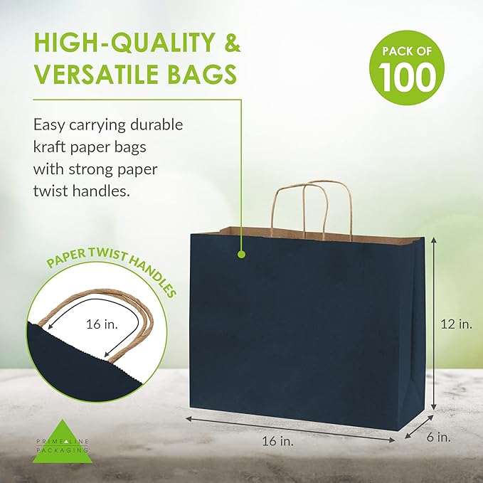 Prime Line Packaging Paper Gift Bags, Navy Blue Kraft Paper Bags with Handles, Shopping Bags for Small Business, Retail Use, Birthday Parties, Restaurants, Take-Out, Merchandise, Bulk, 16x6x12, 100 Pack