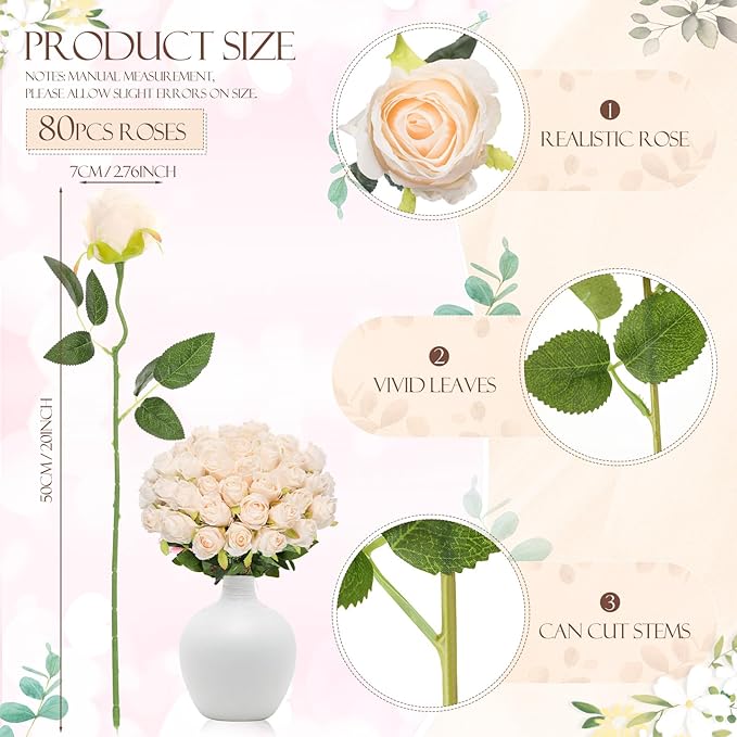 Hotop 80 Pcs Rose Artificial Flowers Bulk with Long Stem, Silk Roses Realistic Fake Flowers Bouquet for Wedding Table Centerpieces Bridal Shower Party Home Decorations(Beige)