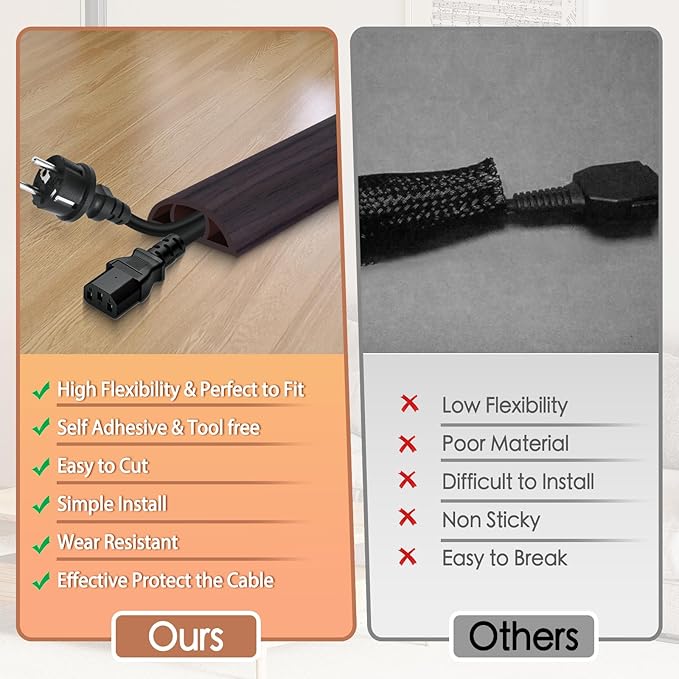 Floor Cord Cover for Wires on Floor Self Adhesive Cord Hider Floor Cable Management Wire Covers for Cords Protector Prevent Cable Trips Cord Cavity W 0.51" x H 0.31", Black Walnut, 3.3Ft