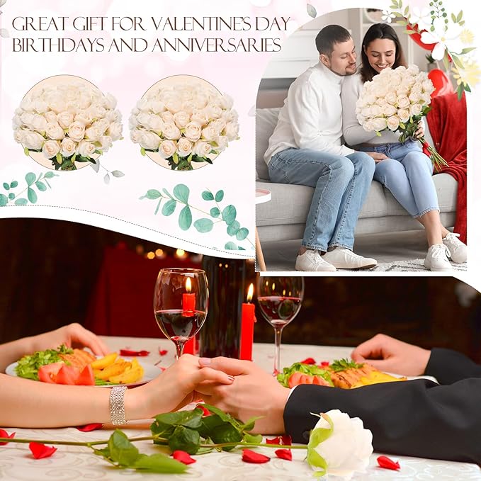 Hotop 80 Pcs Rose Artificial Flowers Bulk with Long Stem, Silk Roses Realistic Fake Flowers Bouquet for Wedding Table Centerpieces Bridal Shower Party Home Decorations(Beige)
