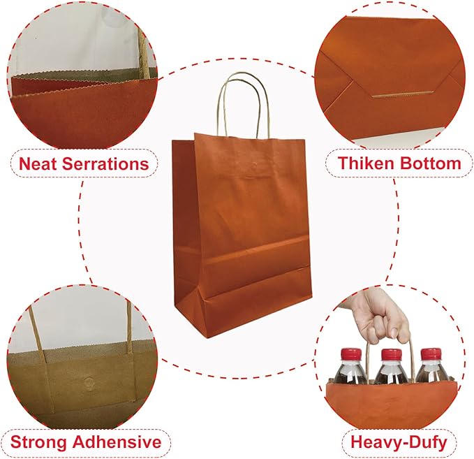 BAG BOX 100 Pack 5.9x3.1x8.25 Inch Orange Gift Bags with Handles,Bulk Kraft Paper Bags for Shopping, Retail, Merchandise, Wedding, Party Favors, Paper Grocery Sacks
