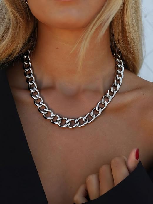 ChainsPro Cuban Link Chain for Women,Stainless Steel Chunky Necklace Silver/Gold Plated Thick Chain Choker, 12/16/20 mm Width,18" and 20" Punk Hip Hop Trendy Non Tarnish Jewelry Gifts