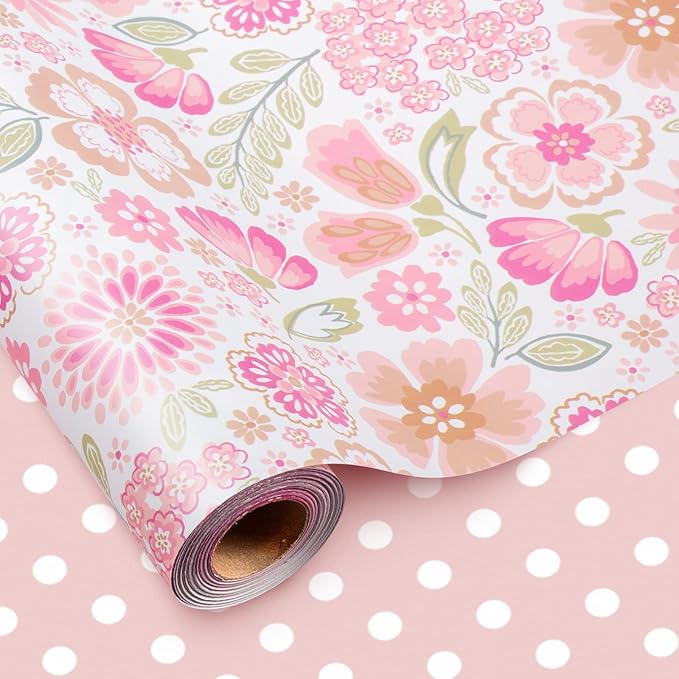 MAYPLUSS Pink Gift Wrapping Paper, Reversible Mother's Day Wrapping Paper, Romantic Pink Floral Premium Girl Gift Wrap Paper for Wedding, Bridal Shower, Valentine's Day, Birthday, (17Inch X 33Feet)