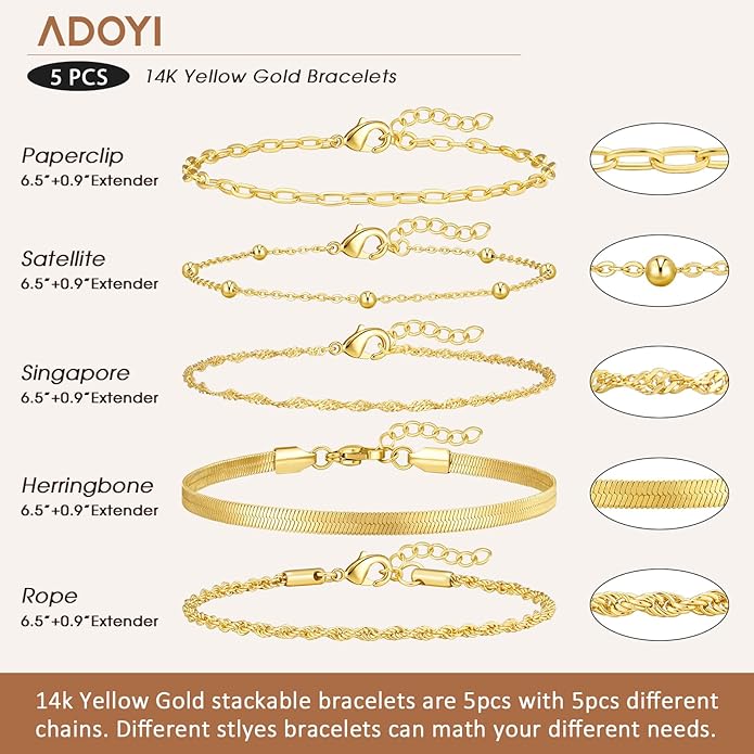 adoyi Valentines Day Gifts for Her Gold Bracelets for Women, 14K Gold Plated Stackable Bracelet Stack Set Adjustable Charm Paperclip Chain Cuban Link Layered Waterproof Jewelry Sets Gifts for Womens