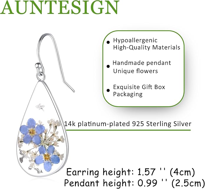 Forget-Me-Not and Queen Anne's Lace Pressed Wildflower Earrings | Pressed Flower Earrings | Handmade Drop and Dangle Earrings | Gift for Woman