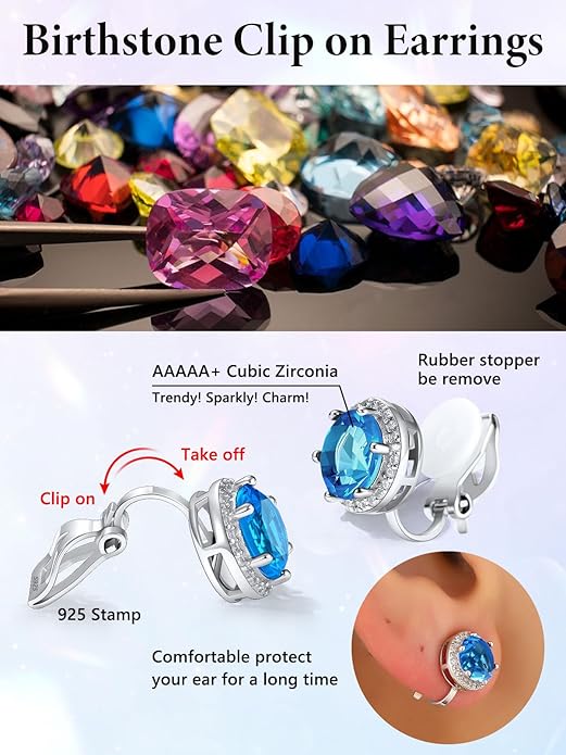 Silvora 925 Silver 8MM Cubic Zirconia Birthstone Clip On Stud Earrings Round Non Pierced Earrings For Women,Come with Box