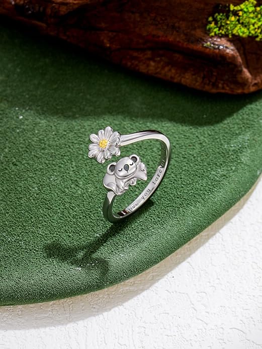 Animal Open Ring 925 Sterling Silver Koala/Panda/Highland Cow/Elephant Adjustable Ring Cute Animal Daisy Jewelry Gifts for Women