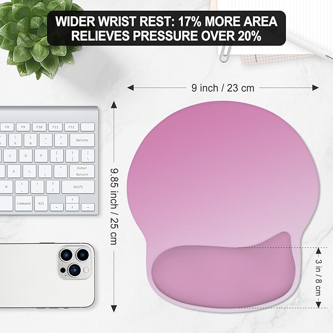 ITNRSIIET Ergonomic Mouse Pad with Wider Memory Foam Wrist Rest +17%, Curved Cushion Reduces Pressure 20%, Pain Relief, Non-Slip, Smooth, Cute Color Desk Accessory, 9.85 x 9 inch, Soft Pink Gradient