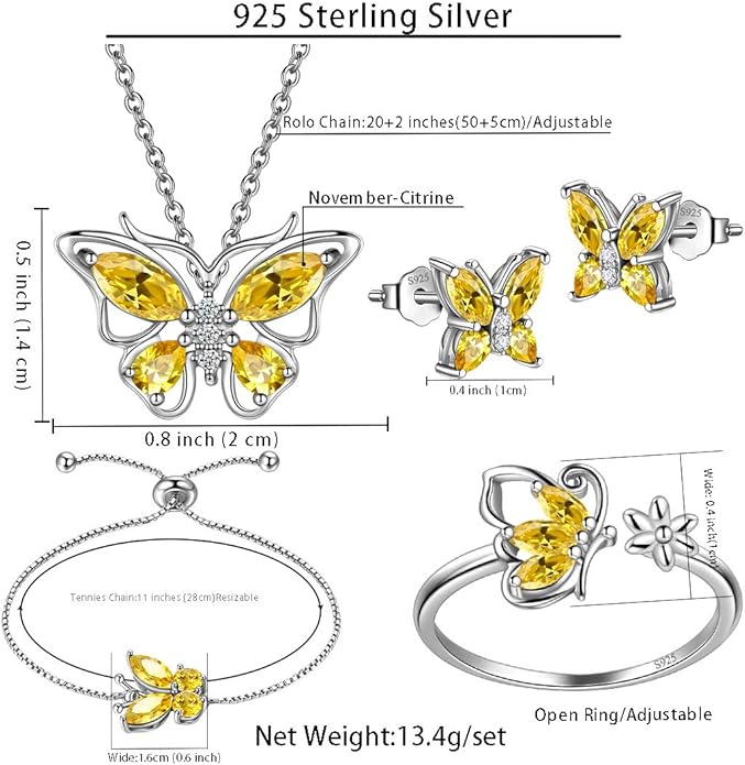 925 Sterling Silver Birthstone Butterfly Jewelry Women Crystal Animal Cute Butterflies Birthday Necklace/Earring/Ring/Bracelet Sets Birth Stone Statement Anniversary Jewellery