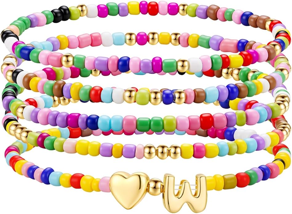 M MOOHAM Valentines Gifts for Kids - 5PCS Colorful Beaded Initial Bracelets for Girls Women Cute Stretch Heart Letter Bracelet Initial Stackable Bracelet Birthday Gift Jewelry for Kids Teen Girl