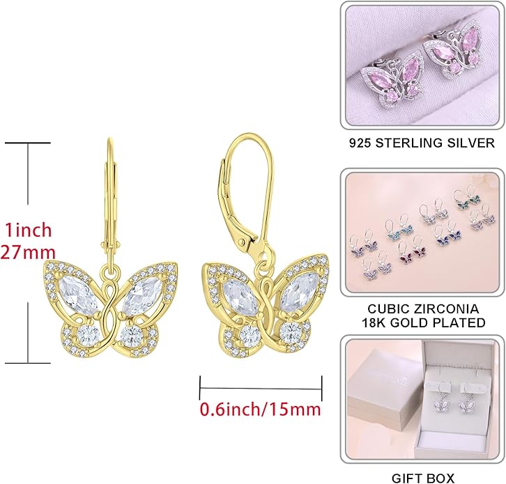 Starchenie Butterfly Earrings for Women 925 Sterling Silver Leverback Earrings Birthstone Butterfly Jewelry Gifts