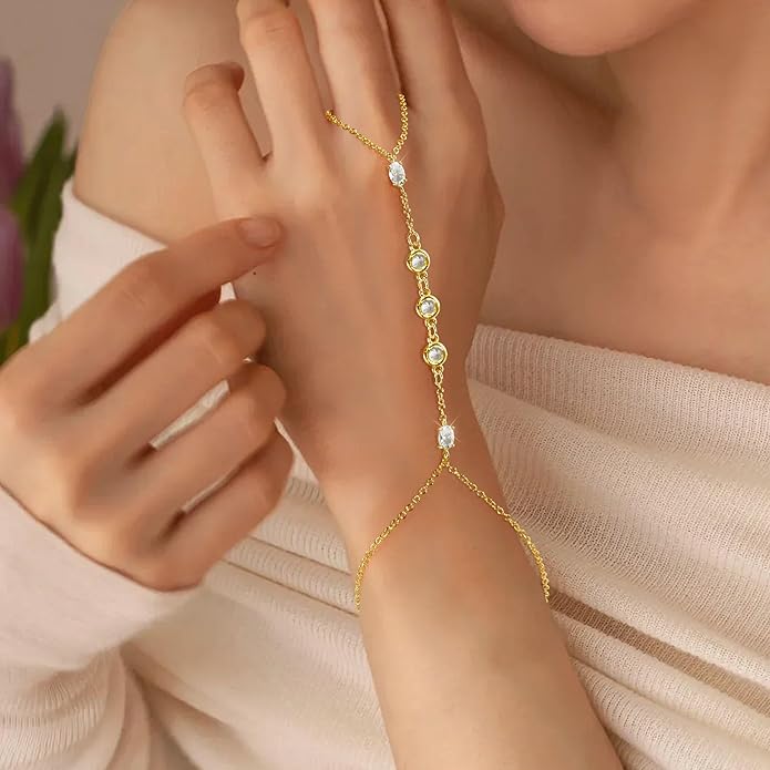 Hand Chain Bracelet, Adjustable Hand Jewelry Chain Bracelet with Ring, Trendy Gold Handchains Jewelry