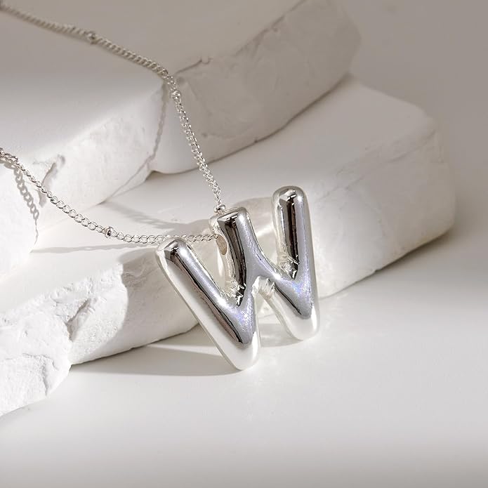 Inerney Valentines Day Gifts Gold Bubble Letter Necklace Initial Necklaces for Women, Chunky 14K Plated Balloon Initials, Trendy Charm Non Tarnish Custom Name Pendant Jewelry Gifts for Mom