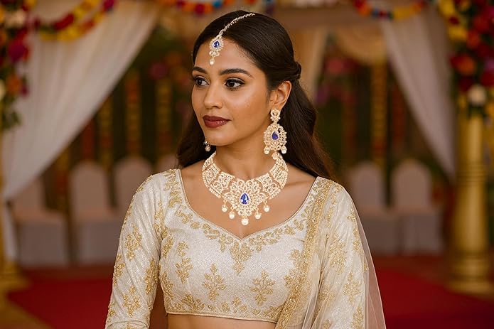 Touchstone Indian jewelry sets for women tikka wedding necklace costume guest statement bollywood rhinestones crystal faux pearls gold big royal neck piece set bridal fashion accessories