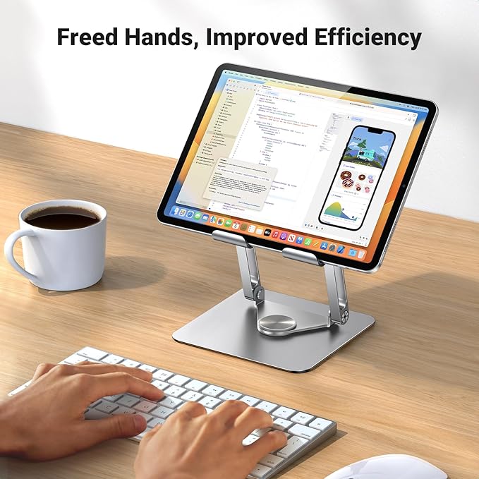 UGREEN Tablet Stand Holder for Desk with 360° Rotating Base Aluminum Dual Rod Support Adjustable Home Office Accessories Compatible with iPad Pro 13 12 11 Air Mini 5 4 3 Phone E-Reader Silver