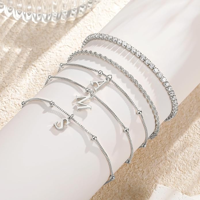 Valentines Day Gifts for Her Kids - Dainty Gold Bracelets for Women Personalized Gold/Silver Initial Bracelet Stack Stackable Rope Box Chain Tennis Bracelets for Girls Jewelry Set