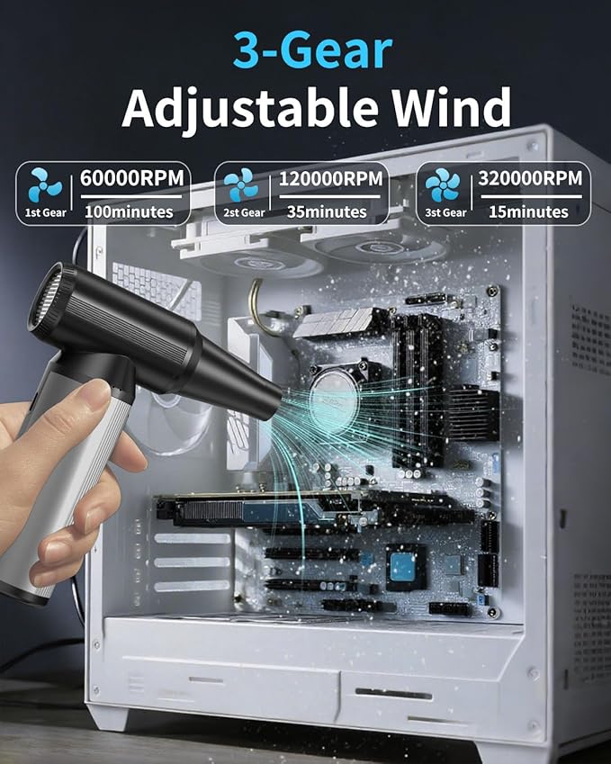 BOBYE Electric Compressed Air Duster & Keyboard Cleaner, 2-in-1 Blower & Vacuum with 180W Brushless Motor, 6000mAh Battery, 3-Gear Adjustable for Computers, Cars, Furniture, and Outdoor Cleaning