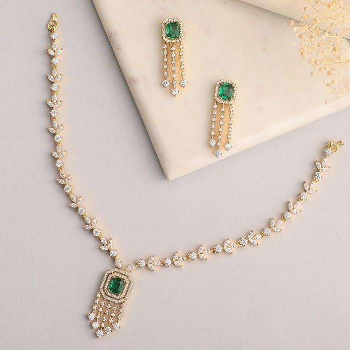 TARINIKA Green and White Cubic Zirconia(CZ) Indian Necklace Set with Earrings, Gold Plated Brass Fashion Indian Jewelry Gift for Women Bollywood Costume Jewellery