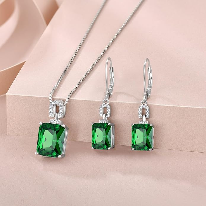 Emerald Cut Earrings 925 Sterling Silver Baguette Birthstone Dangle Drop Leverback Earrings Jewelry Gifts for Women