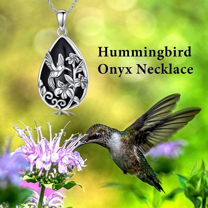 Black Onyx Necklace 925 Sterling Silver Flower Insect Pendant Teardrop Onyx Jewelry Valentines Day Birthday Gifts for Women