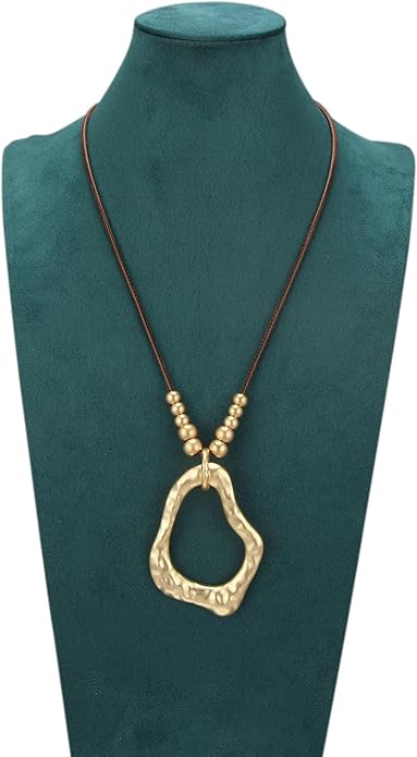 Boho Leather Necklace Women Bohemian Brown Circle Pendant Necklace Choker Long Necklaces for Women Boho Ring Large Pendant